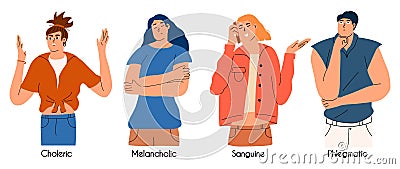 A set of people with different types of temperament. Choleric, sanguine, melancholic, phlegmatic. A collection of people with indi Vector Illustration